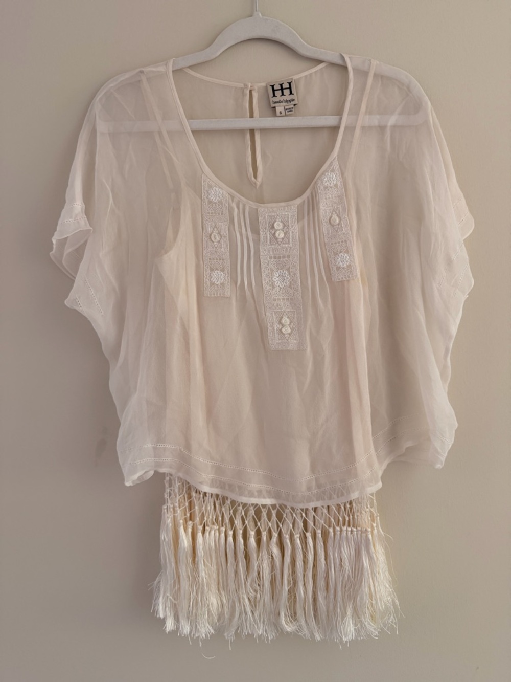 Haute Hippie Cream Sheer Embroidered Fringe Tunic